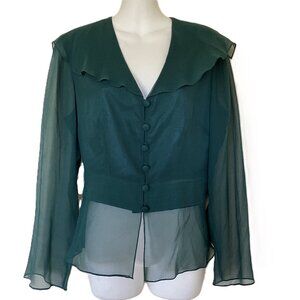 DW Studio Silk Peplum Blouse Wide Collar Sheer Long Sleeves Green David Warren